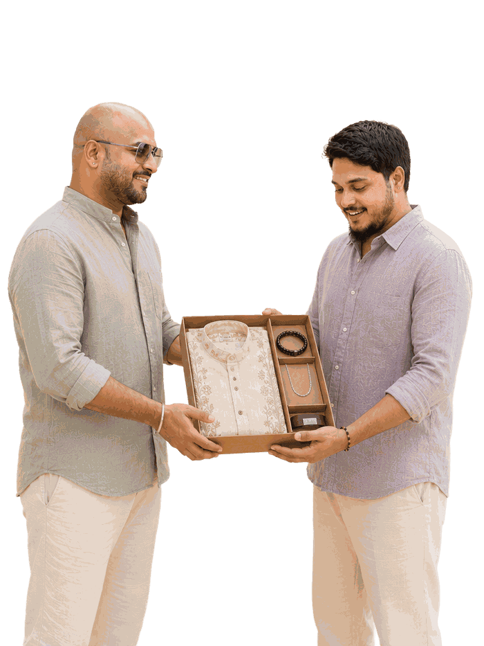 Two friends exchanging a Haaty gift box