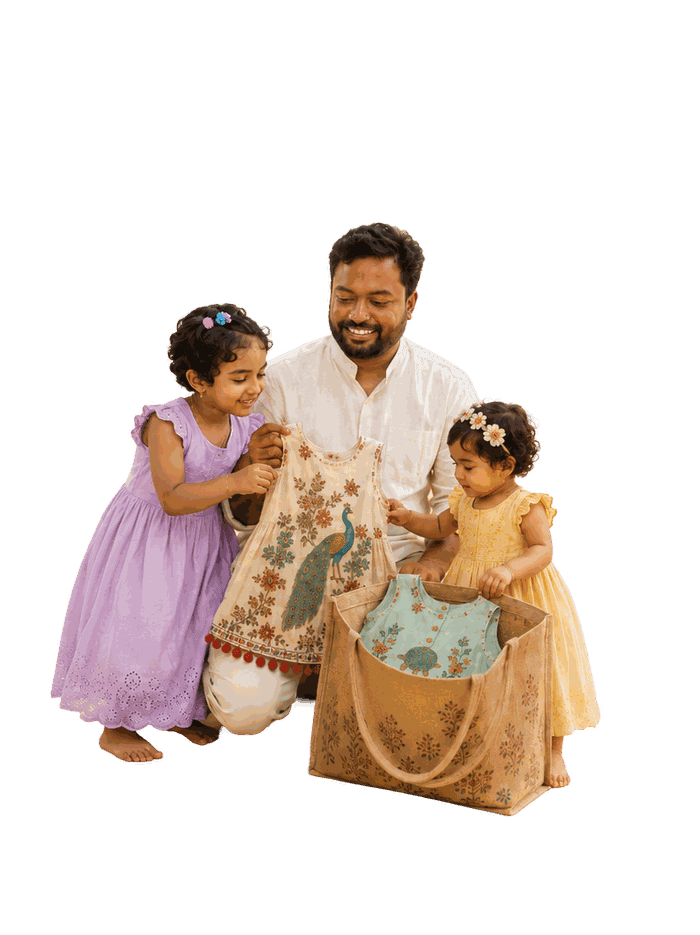 A dad and his two daughters unboxing a Haaty order together