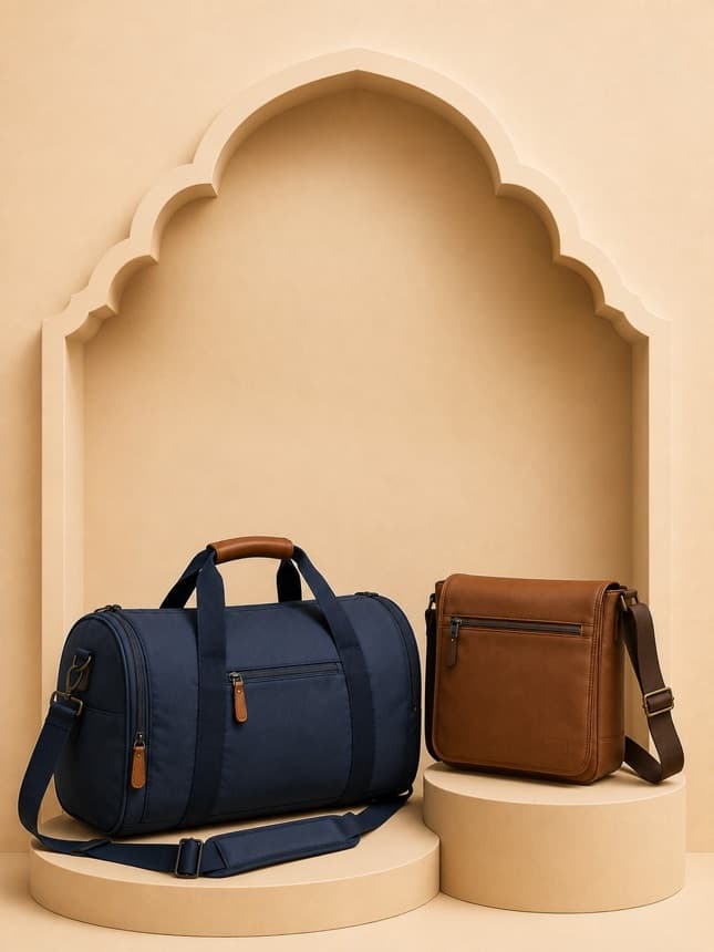 Duffel and messenger bags displayed inside the Haaty bazaar